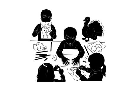 Children's art activity with silhouette of kids and a turkey