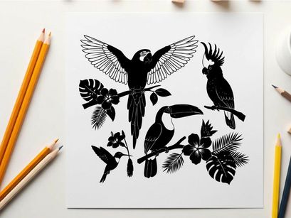 Tropical birds in silhouette amidst lush foliage and flowers
