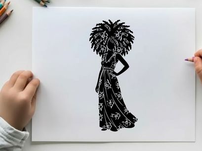 Silhouette of woman in ornate dress and headdress