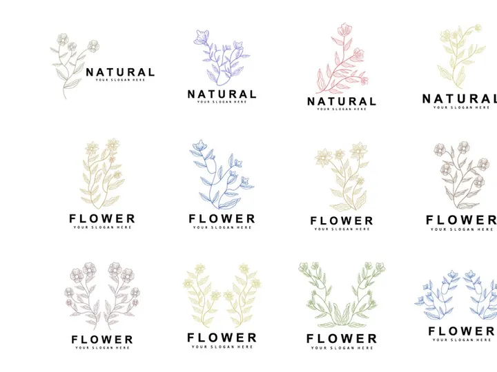 Simple Botanical Leaf and Flower Logo, Vector Natural Line Style, Decoration Design, Banner, Flyer, Wedding Invitation, and Product Branding