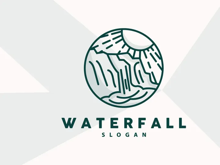 Waterfall Logo, River Mountain Forest Exploring Design Illustration