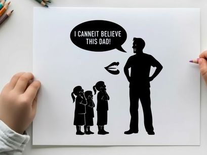 Silhouette of a father scolding his children in a comedic scene