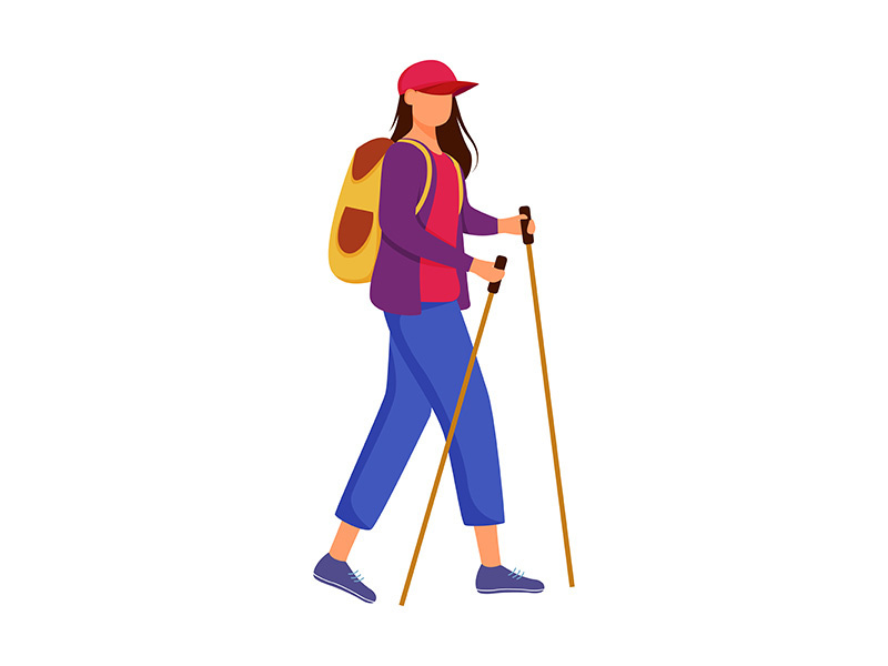 Woman with hiking sticks flat vector illustration