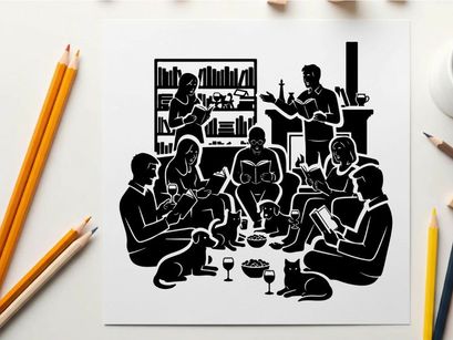 Silhouette of people reading and socializing in a cozy setting