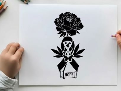 Silhouette of a skull with a flower and ribbon symbolizing hope