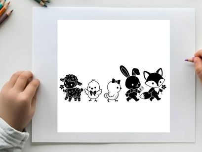 Silhouette of cute cartoon animals in a row