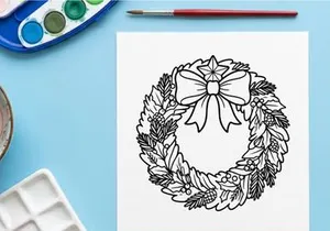 Christmas wreath line art illustration with pine branches and a decorative festive bow