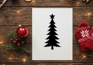 Black Christmas tree silhouette with a star topper isolated on a white background.