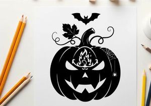 Halloween silhouette of a jack o lantern with bat and leaves