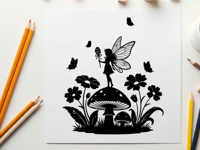Whimsical fairy silhouette amidst flowers and butterflies