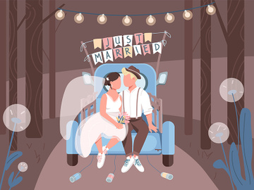 Just married couple in car flat color vector illustration preview picture