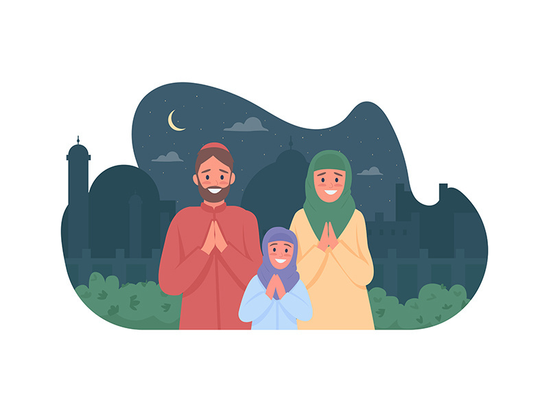 Happy arabian family pray on religious holiday 2D vector web banner, poster