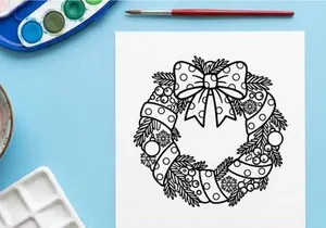 Página para colorir de grinalda de Natal com laço festivo e enfeites para atividades de arte natalina