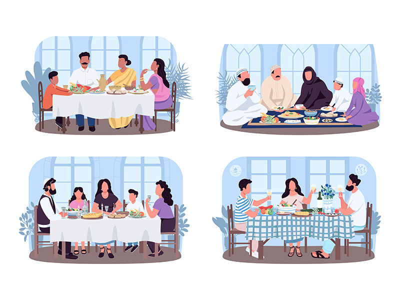 Traditional family dinners 2D vector web banner, poster set