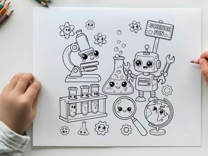 Cute science robot and lab tools vector illustration flat design