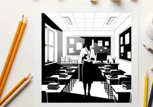 Silhouette of a woman standing in a classroom with desks and a computer