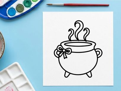 Steaming cauldron with boiling liquid and rising smoke. Classic witch pot simmering over open flame for Halloween or fantasy cooking.