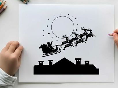 Santa claus in silhouette flying on a sleigh pulled by reindeer under a full moon