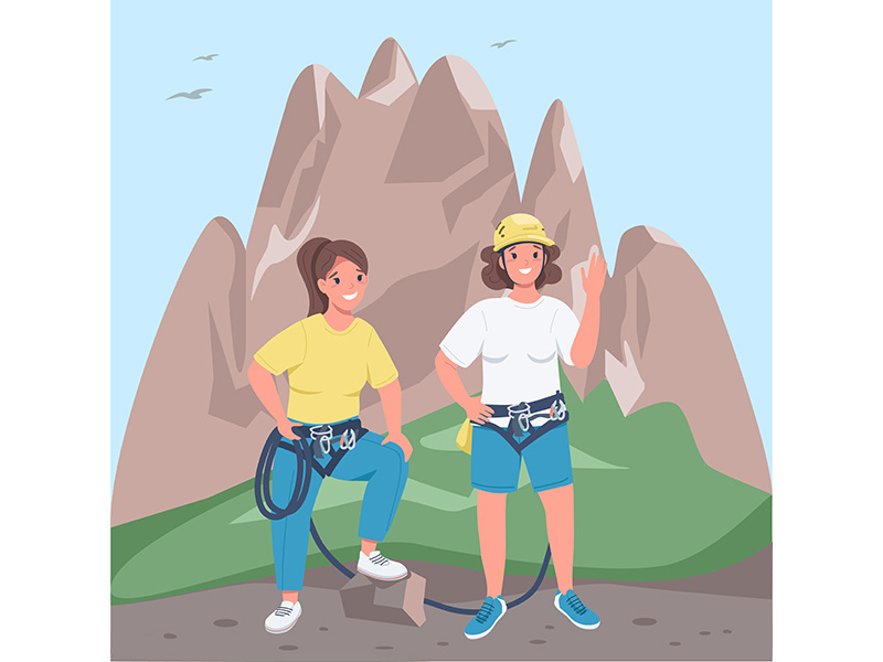 Women mountaineers flat color vector illustration