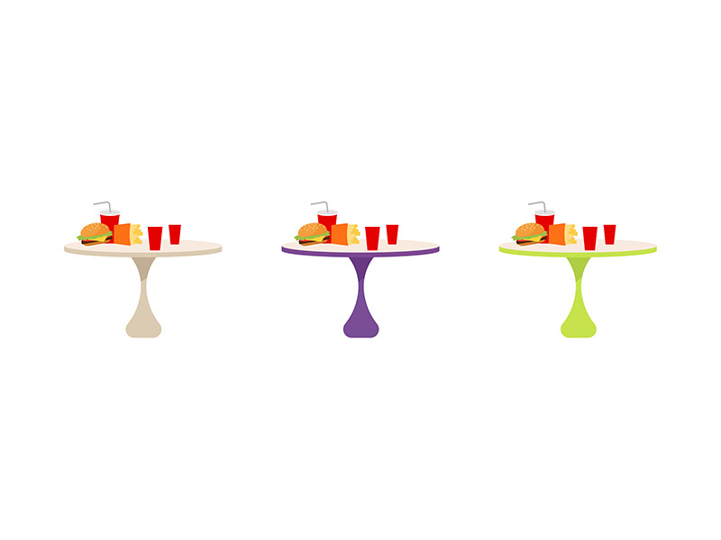 Fast food tables flat color vector objects set