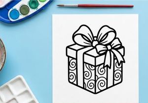 Christmas gift box icon with ribbon bow, black and white line art vector illustration.