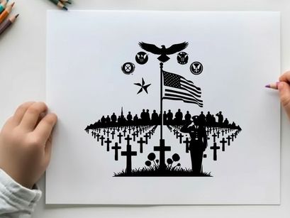 Memorial silhouette of soldier saluting american flag at cemetery