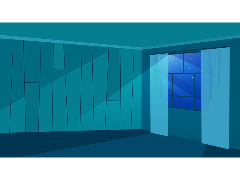 Empty room in moonlight rays flat vector illustration