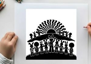 Silhouette of rabbits and children at sunset with wavy rays silhouette