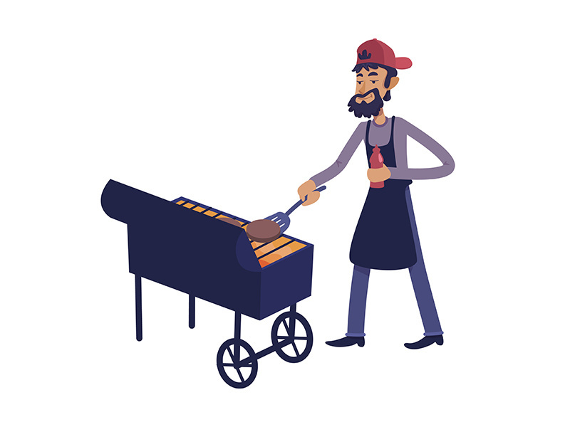 Chef grilling meat flat cartoon vector illustration