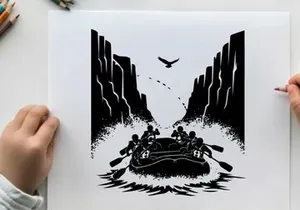 Silhouette of people rafting under a rainbow and flying bird