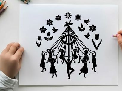 Maypole dance with people, flowers, sun vector illustration