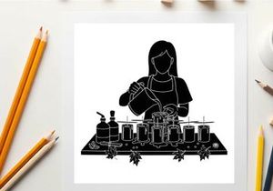 Silhouette of a woman mixing perfume in a laboratory setting with various bottles