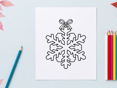 Christmas snowflake ornament line art illustration with a decorative bow on white background