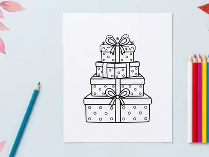 Stack of Christmas gift boxes with ribbons, black and white line art coloring page design.