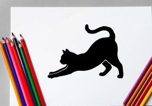 Silhouette of a stretching black cat on white background