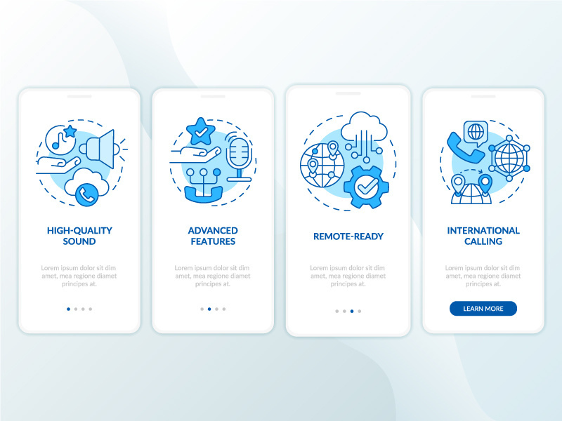 Benefits of VOIP blue onboarding mobile app screen