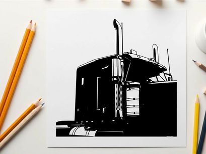 Black silhouette of a semi truck against a white background