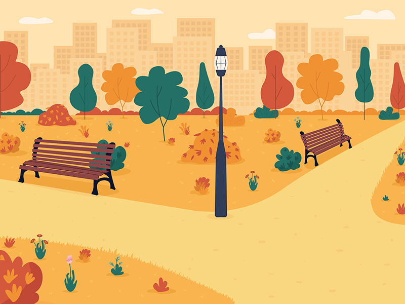 Fall park sidewalks flat color vector illustration