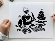 Black silhouette of woman baking christmas cookies with tree