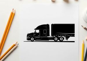 Black silhouette of a large semi truck on a white background