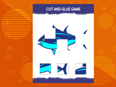 10 Pages Cut and glue game for kids with fish. Cutting practice for preschoolers. Education worksheet.