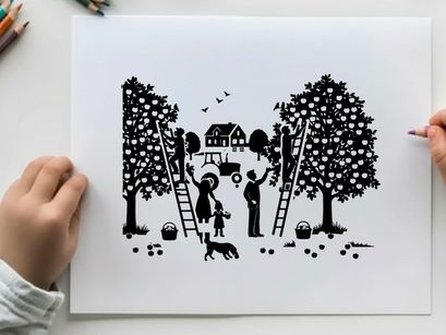 Family harvesting apples in orchard silhouette