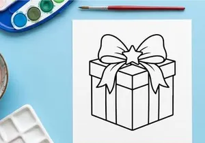 Christmas gift box with star bow icon, simple black and white line art vector illustration