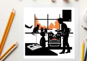 Silhouette of family in kitchen with burning house in background