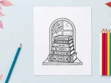 Stack of vintage books by a window illustration for Christmas reading and winter stories