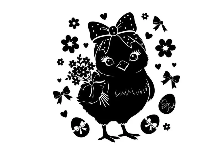 Silhouette of a cute chick with bow and flowers