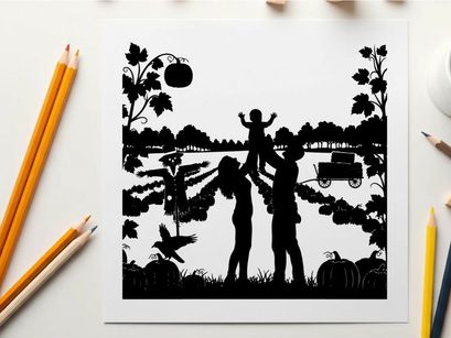 Family in a field with silhouette of a child on father's shoulders