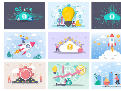 32 Mining Bitcoin Cryptocurrency Flat Design