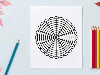 Circular spider web pattern. Geometric mandala design with radial lines and scalloped edge.