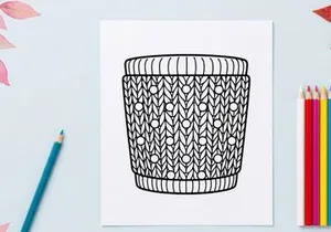 Knitted cup cozy outline illustration for Christmas holiday coffee mug design